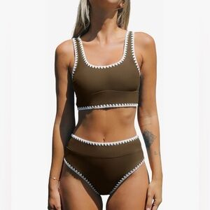 CUPSHE Brown Bikini Swimsuit Scoop Neck Tank Wide Straps Midkini Stitching XL